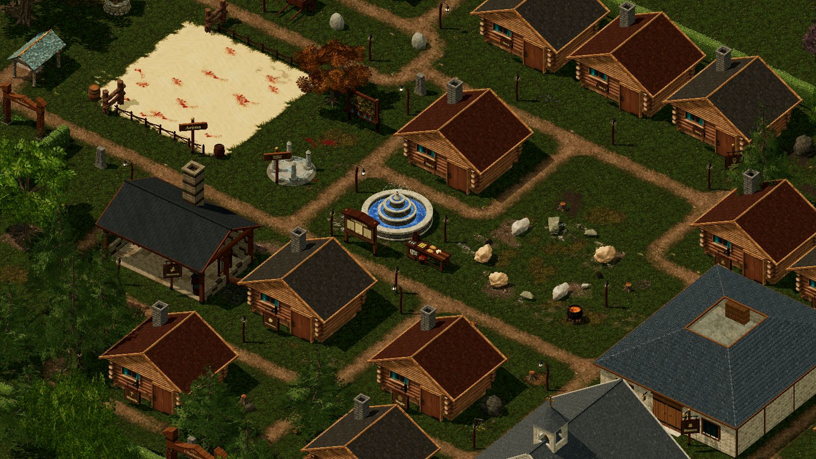 In-engine view of Ullathorpe center, its fountain, timber houses and town paths
